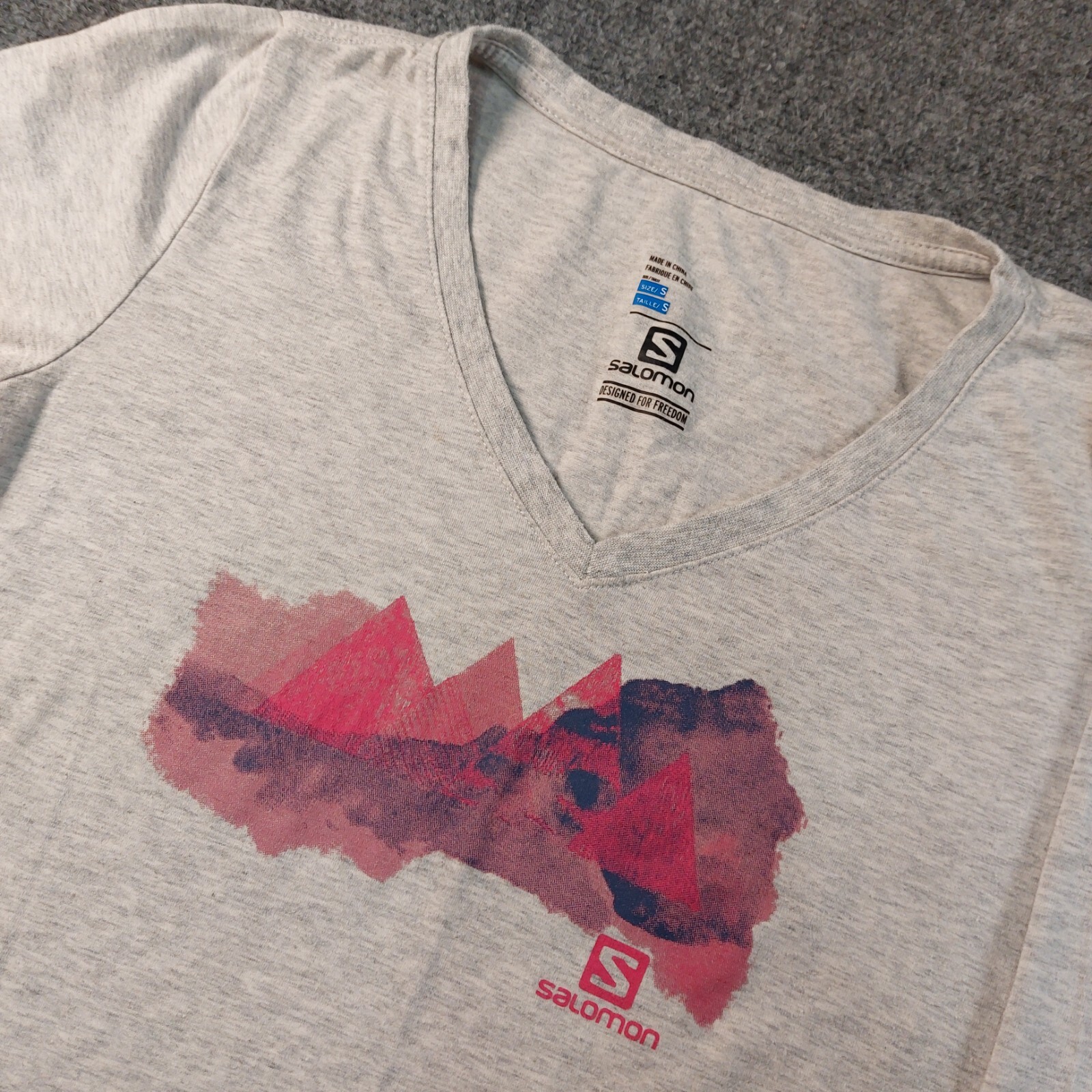 T shirt Salomon donna scollo a V piccolo grigia stampa manica lunga escursionismo corsa trail top