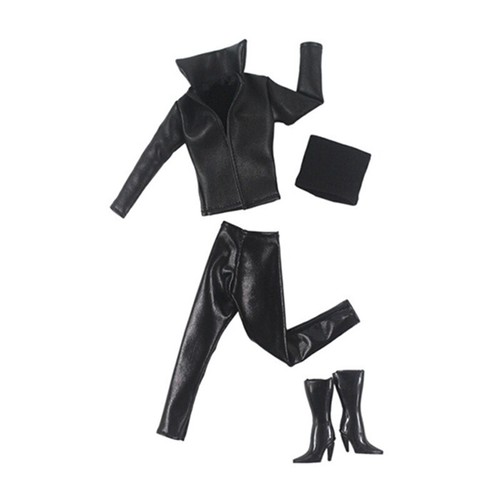 Schwarzes Leder Kleidungsset für Barbie Puppe Outfit Mode Jacke Top Hose Stiefel - Bild 3 von 4