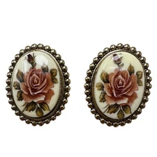 Vintage Cottagecore Gold Tone Oval Panel Autumn Rose Transferware Style Earrings