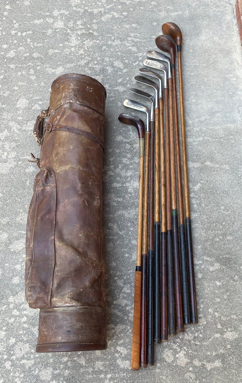 Antique hickory wood shaft Golf Clubs and Leather Golf Bag eBay