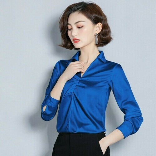 Donna Satin Plissettato Maglia Camicia Finta Seta Pullover Manica Lunga  Elegante | eBay