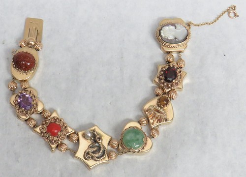 VINTAGE 14K GOLD & SEMI PRECIOUS STONE's 8 SLIDE 7" BRACELET