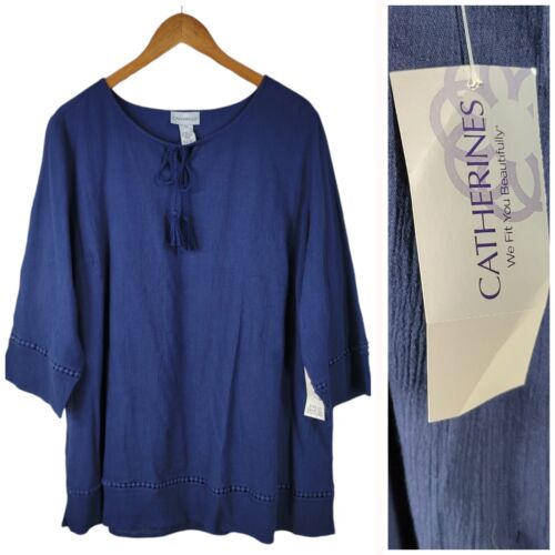 NEW Catherines Peasant Top Plus Size 1X Lightweight Crepe Blue Lace Trim Tie NWT