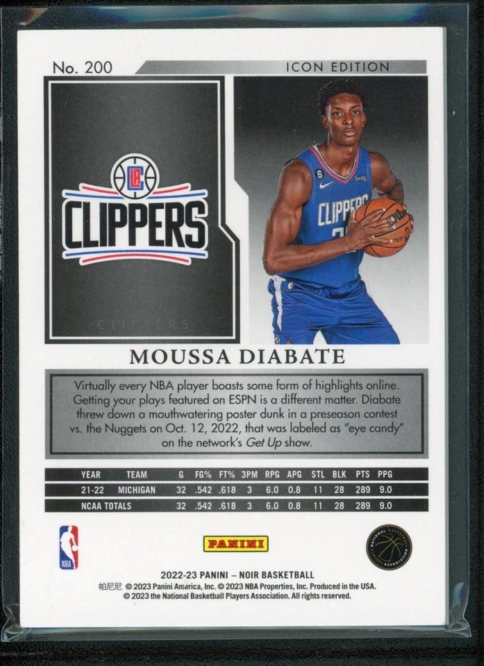 2022-23 MOUSSA DIABATE 33/49 PANINI NOIR ROOKIE RC #200 ICON EDITION - Image 2 of 2