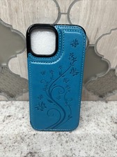 New In Packaging iPhone 15 Embossed Butterfly, Leather Blue Teal, Wallet Case