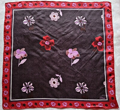 SCARF VINTAGE AUTHENTIC S. OLIVER FLORAL ART RED PURPLE SILK 18'' SQUARE SMALL