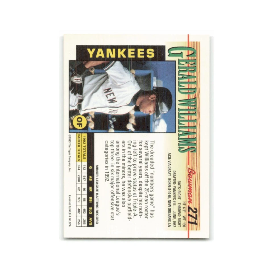 Gerald Williams 1993 Bowman #271 New York Yankees Baseball Card NM - Image 2 of 3