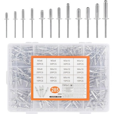 Aluminium Blindnieten Set, M3 M4 M5, 285 Stück, Edelstahl, rostfrei, vielseitig
