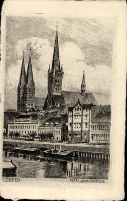 Künstler Ak Hansestadt Lübeck, Petrikirche, Marienkirche - 5037316