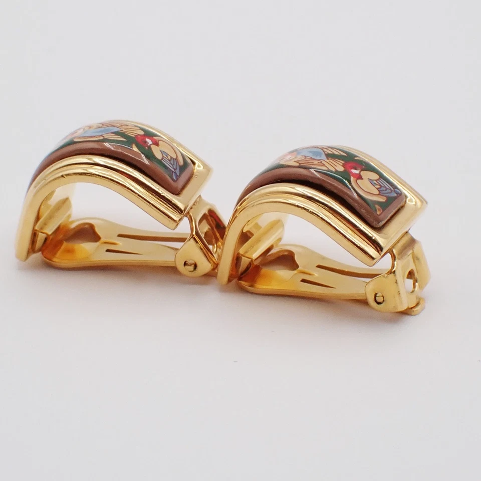 Pendientes HERMES Diseño Pájaro Rectángulo Cloisonné Esmalte Clip-On Oro 36RL448 Foto 3 de 4