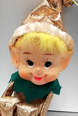 Christmas LARGE Gold White Metallic Knee Hugger Elf Shiny Brite Ornament,Japan