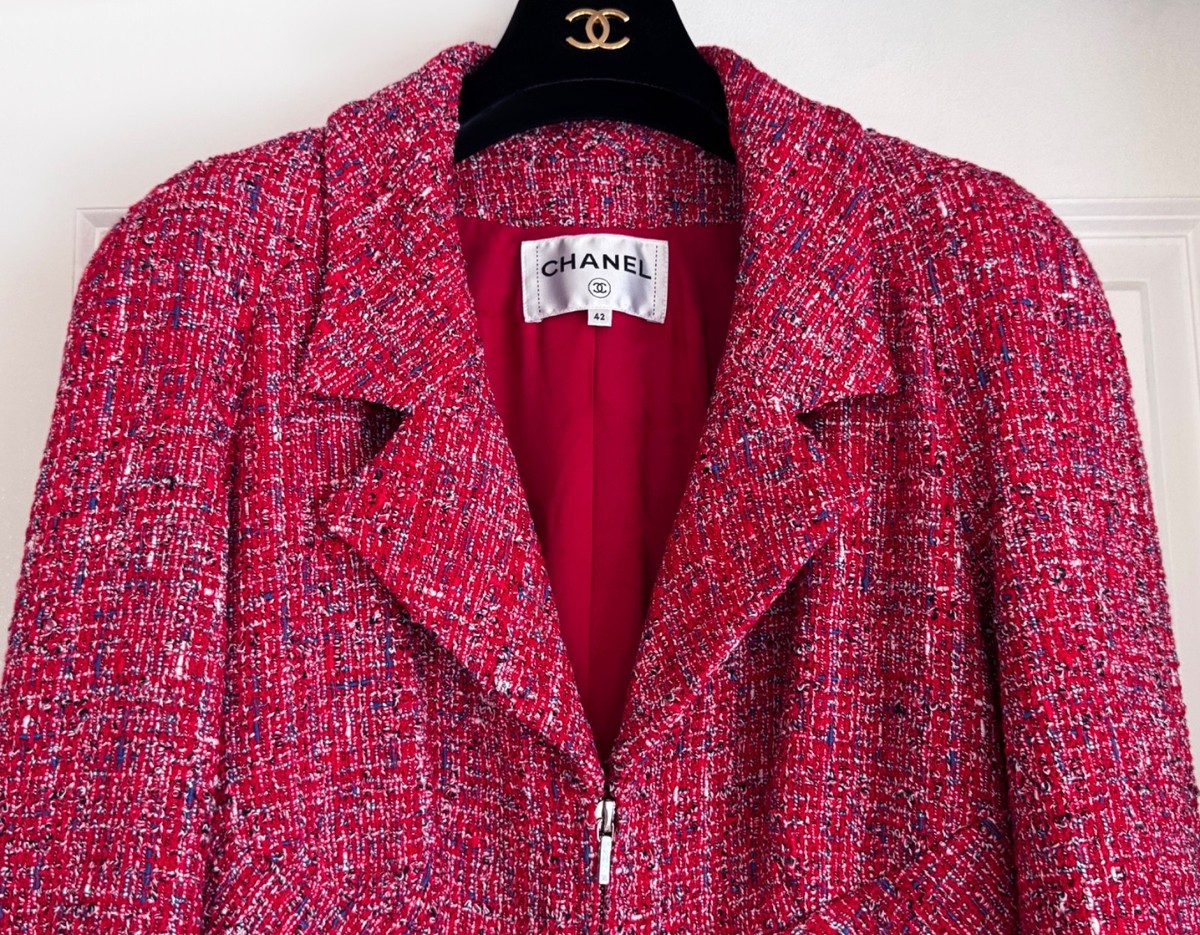 CHANEL 19P RED NAVY BLUE WHITE TWEED PEARL CC BUTTONS JACKET 42 | eBay