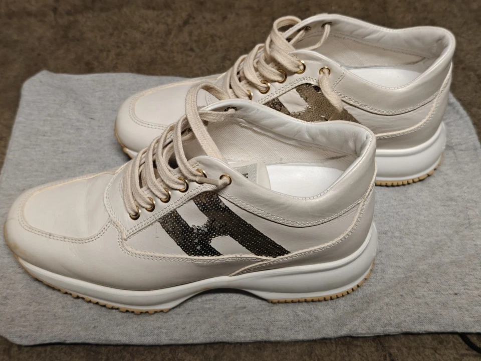 Zapatillas deportivas Hogan interactivas de cuero blanco marfil con lentejuelas para mujer EE. UU. 5,5 UE 35,5 Foto 2 de 4