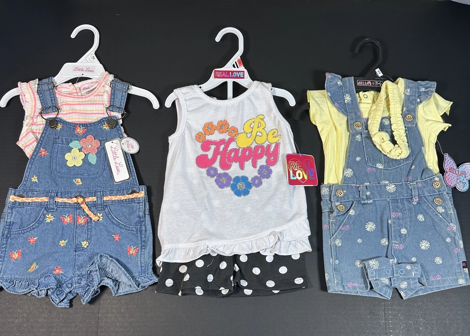 Toddler Girl Summer Outfit Lot (3) Overalls Sets & Be Happy Outfit NWT