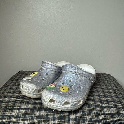 Kids Glitter Silver Crocs Clogs with Charms Size 2T