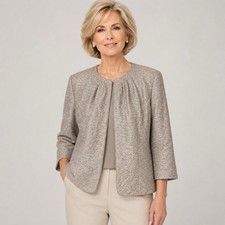 Alex Evenings Jacket Taupe Metallic Open Front Career Chic Wedding SZ Large