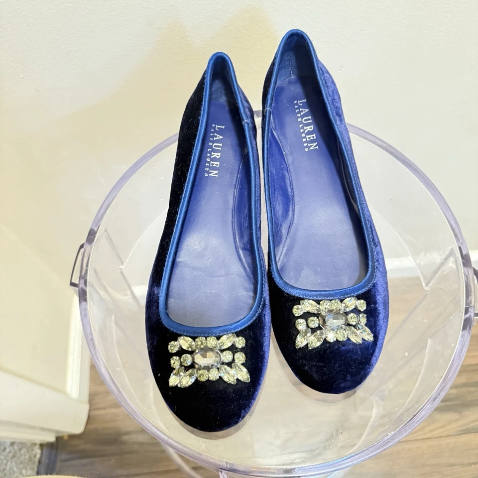 Lauren Ralph Lauren Adelisa Ballet Flats Blue Velvet Rhinestone Pull On - Image 4 of 4