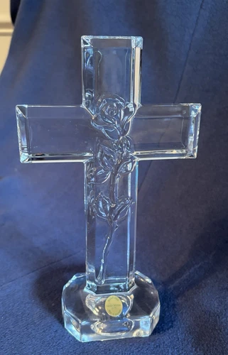 Bleikristall Lead Crystal Religious Cross with Rose. Original Sticker