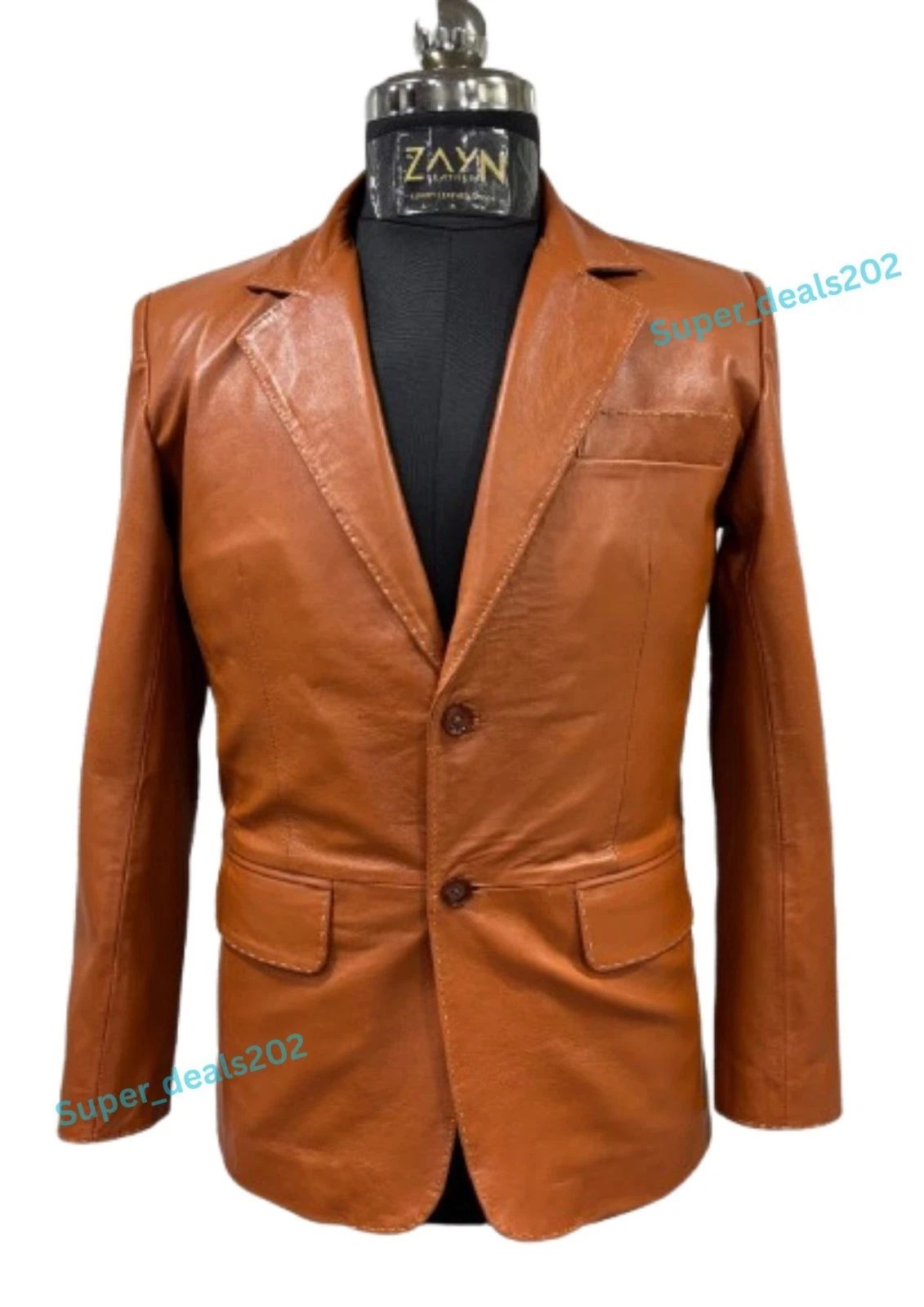 Mens Tan Brown Leather Blazer Jacket Two Button Classic Formal Casual Coat Wears