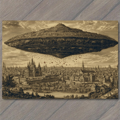 Art Print Giant UFO Over City Old World Alien Invasion Flying Saucer Sky