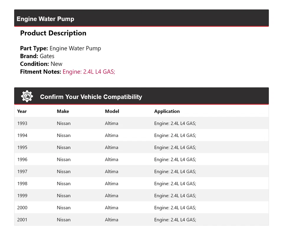 For 1993-2001 Nissan Altima 2.4L L4 GAS Engine Water Pump Gates 1994 1995 1996 - Image 2 of 4