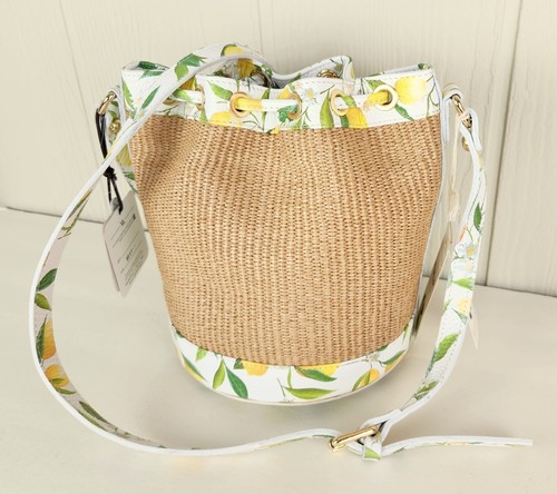 Valentina Raffia Lemon Print Leather Trim Bucket Crossbody Made In Italy NWT - Picture 19 of 21