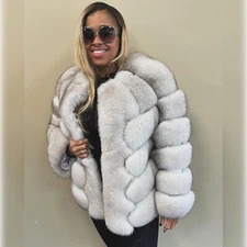 Women Real Blue Fox Fur Coat Natural Full Pelt Fluffy Jacket Winter Warm Outwear