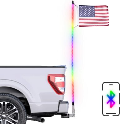 Truck Flag Swirl Pole 6' + Hitch Mount- Bluetooth Spiral Chasing Lights w/ App