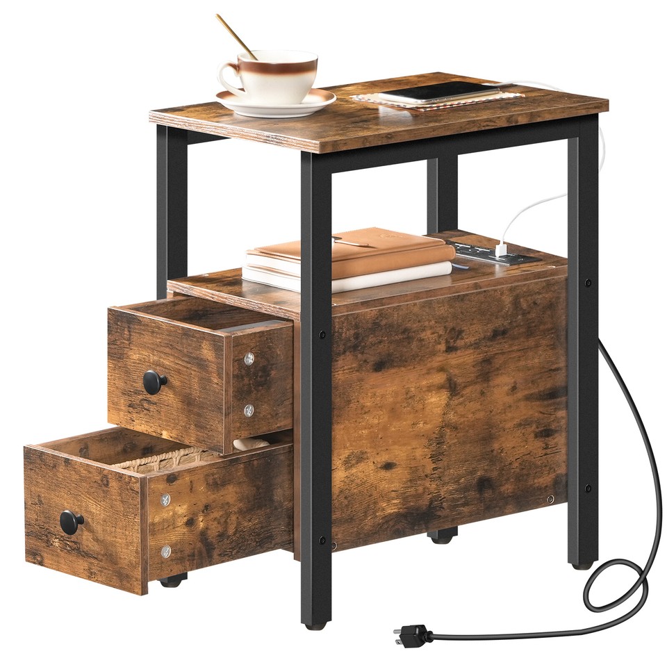 End Table w/Charging Station Side Table Nightstand for Small Space