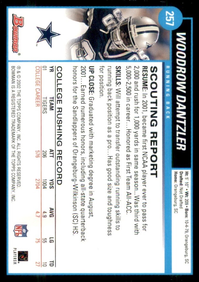 2002 Bowman Woodrow Dantzler Rookie Dallas Cowboys 257 eBay