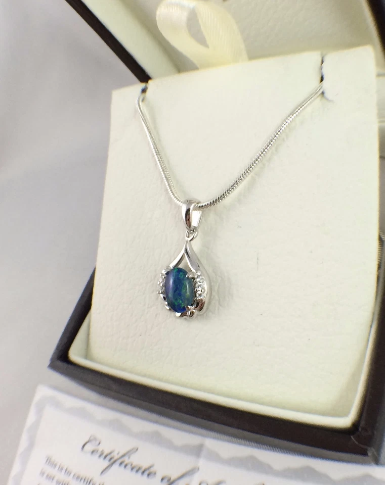 Ciondolo collana opale tripletta originale con zirconi placca in oro bianco 1... - Immagine 2 di 4