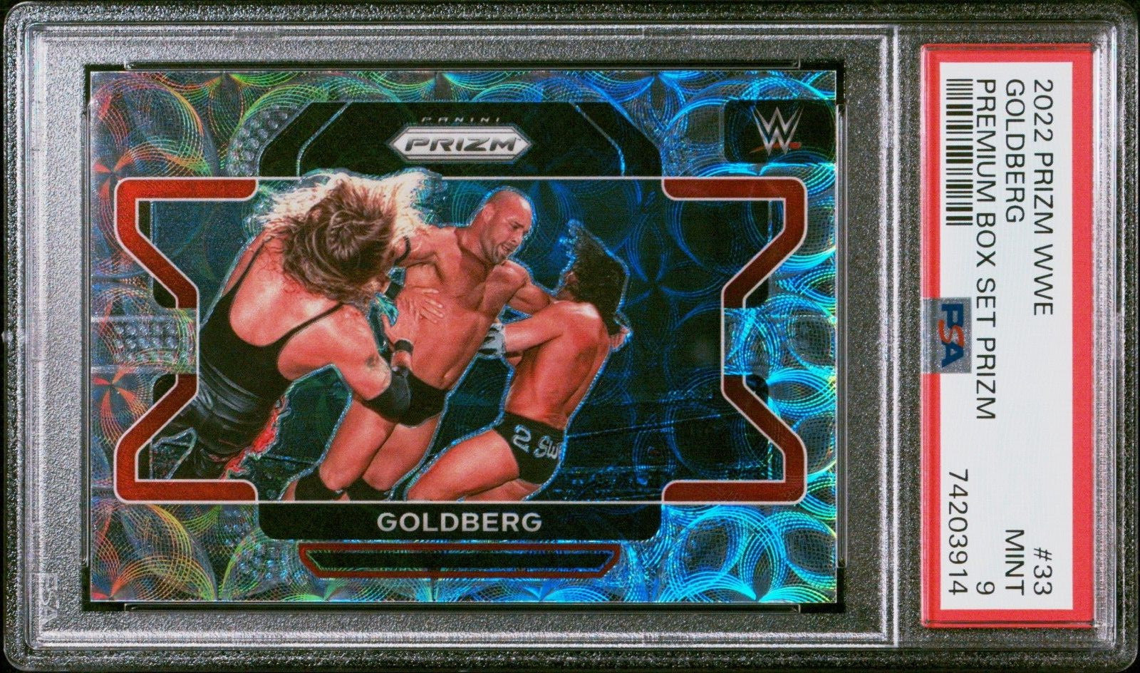 2022 Panini Prizm WWE #33 Goldberg Premium Box Set Prizm /199 SP PSA 9