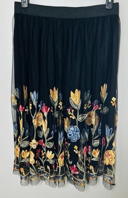 EST 1946 Women s M Black Tulle Mesh Floral Embroidery Full Lined Boho Whimsy EUC