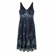 Vintage R&M Richards Y2K A-Line Midi Dress 16 Navy Embroidered Mesh Floral USA