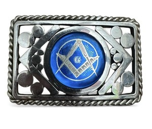 Freemason Masonic Belt Buckle Silver Tone Blue Lodge Rectangular Shape Vintage