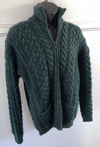 Carraig Donn Aran Sweater Men's 100% Wool Ireland Fisherman Full Zip Green-Sz M - Picture 9 of 10