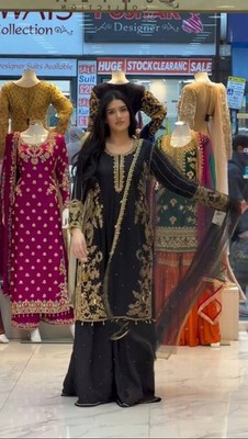 Presenting Heavy Roman Silk Black Top Palazzo With Dupatta For Festival Wear