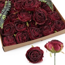 IPOPU Burgundy Artificial Flowers Roses Heads 25pcs Fake Dried for Decoration