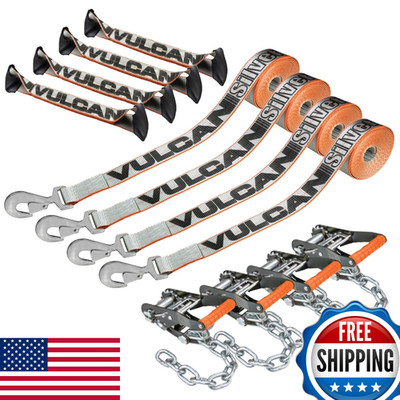 Vulcan 8-Point Roll Back Vehicle Tie Down Kit Snap Hook On Strap Ends And Chain