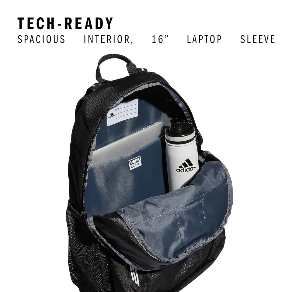 Adidas Black White Stripe Backpack With Laptop Sleeve And Loadspring Straps - Image 2 of 4