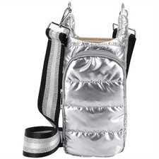Quilted Puffer Crossbody Bag Silver Adjustable Strap Nylon Water Bottle Phone