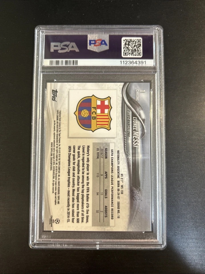 LIONEL MESSI 2017 TOPPS CHROME UCL RIGHT LEG FORWARD #1 PSA 10 GEM MINT CLEAN - Image 2 of 2