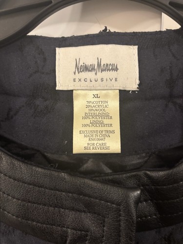 This Is A Neiman Marcus Collection Dark Blue Quilted Jacket with Black Leather