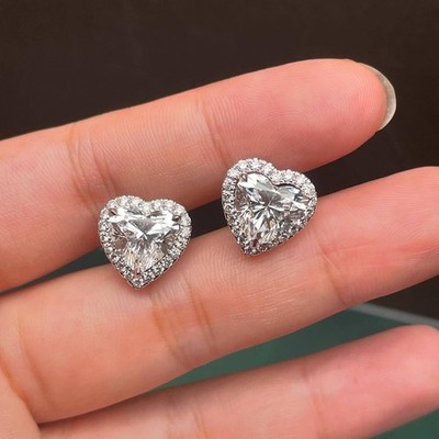 Cluster Heart Cut Moissanite Halo Style Stud Earrings For Women's Birthday Gifts