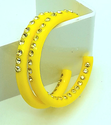 E185 INTER & OUT SLIM YELLOW PLASTIC HOOP WITH YELLOW RHINESTONE FASHION EARRING