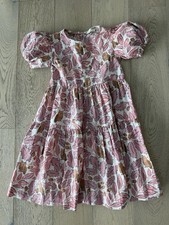 Mini Boden Tiered Dress Girls 5-6 Pink Owl Fall Print Puff Sleeve Cottagecore