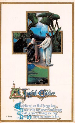 Easter Card Religious Christ is Risen Cross Mary Magdalene Vtg Postcard D48