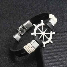 Unisex Black Leather Wheel Nautical Navy Bracelet Stackable New Free Ship 8910