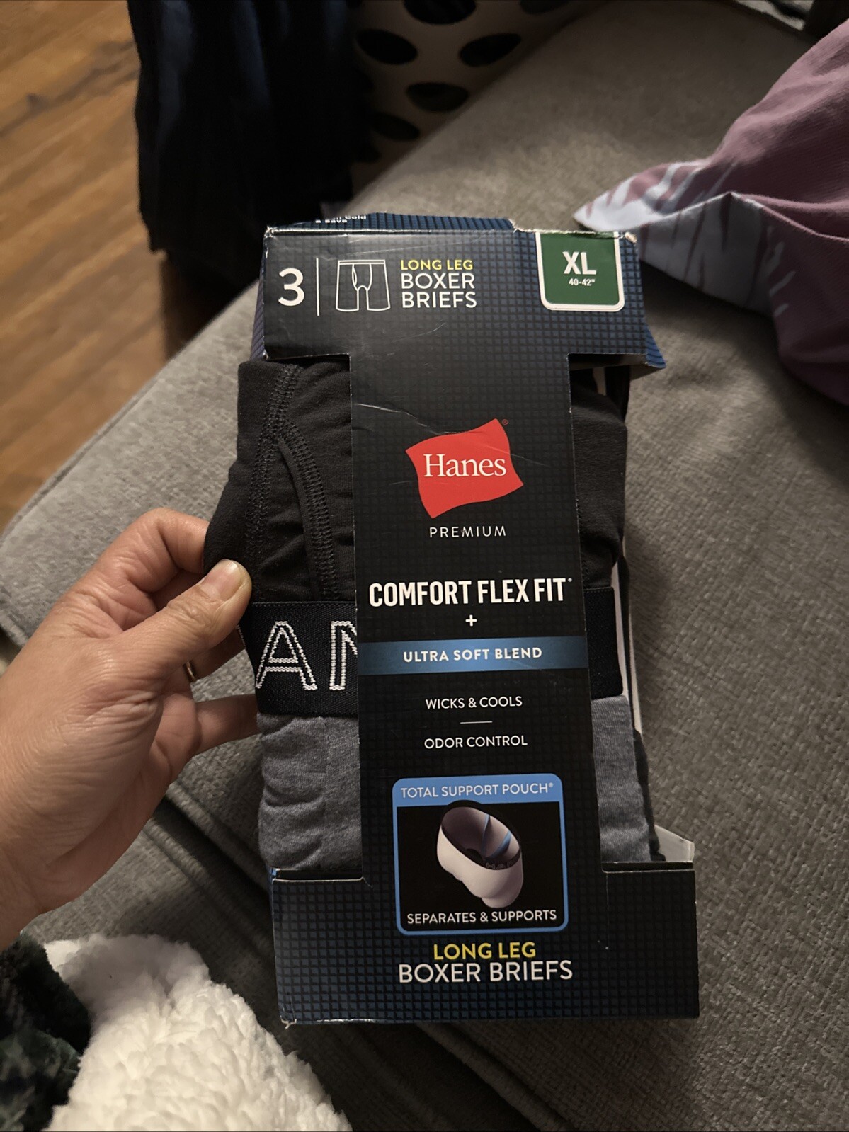 Hanes Men's Boxer Briefs 3 Pk Size XL 40-42 Comfort Flex Fit Long Leg Pouch F11