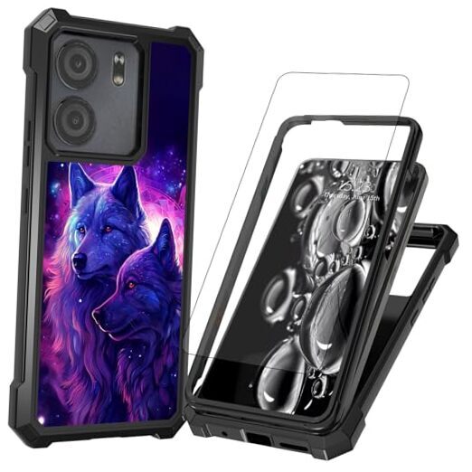 Phone Case with Screen Protector Rugged Dual for BLU View 5 Blue Purple Wolf
